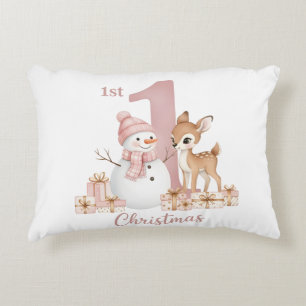 Cojín Decorativo Niña Primer Navidad Muñeco de Nieve Ciervo