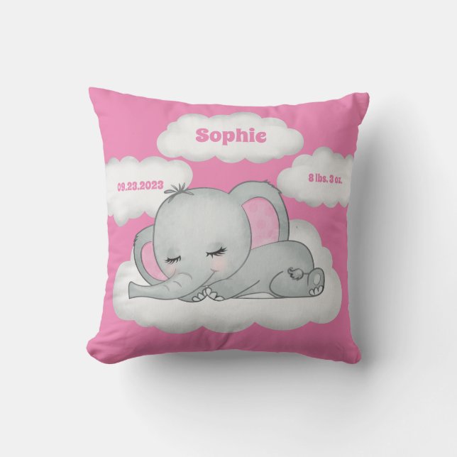 Cojín Decorativo Niña Rosa Elefante Keepsake Nombrado Estadísticas  (Anverso)