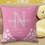 Cojín Decorativo Niña Rosa Nacida Nacimiento Estatales Daisy Monogr<br><div class="desc">Esta bonita almohada de guardería presenta un fondo rosa con acentos de margaritas blancas y es perfecta para una bebé recién nacida. El diseño ofrece texto personalizado para un monograma,  nombre y estadísticas de nacimiento.</div>