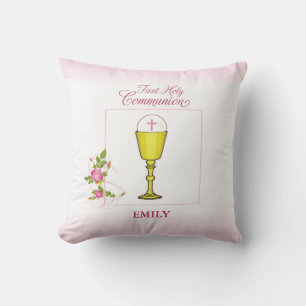 Cojín Decorativo Niña Rosa Primera Comunión, Cáliz, Hostia, Rosas