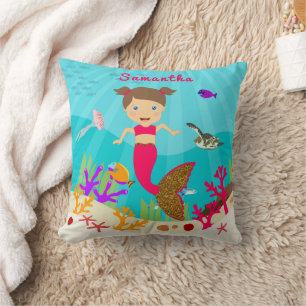 Cojín Decorativo Niña sirena linda en océano colorido