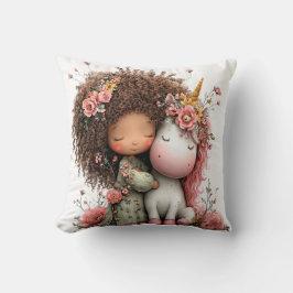 Cojín Decorativo Niña y Unicornio Corona de Flores Hecha en EE. UU.