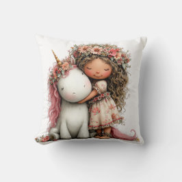 Cojín Decorativo Niña y Unicornio Corona de Flores Hecha en EE. UU.