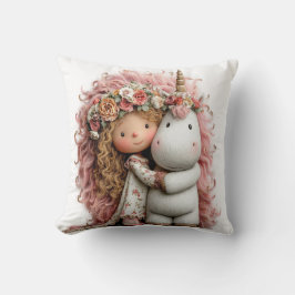 Cojín Decorativo Niña y Unicornio Corona de Flores Hecho en EE. UU.