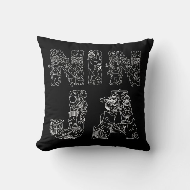 Cojín Decorativo Ninja Elegante Texto Blanco Sobre Negro (Anverso)