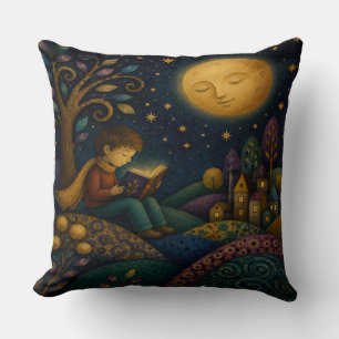 COJÍN DECORATIVO NIÑO CAPRICHOSO LEYENDO BAJO LA LUNA