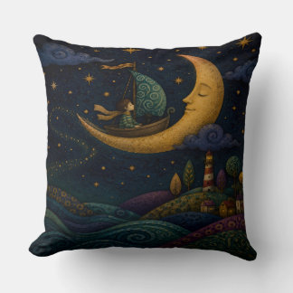 COJÍN DECORATIVO NIÑO CAPRICHOSO NAVEGANDO LA CRECIENTE LUNA DE ORO