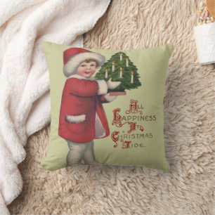 Cojín Decorativo Niño con árbol de Navidad Arte de ilustración vint