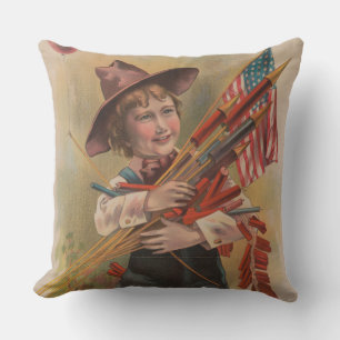 Cojín Decorativo Niño con Fuegos Artificiales, Bandera Americana, I