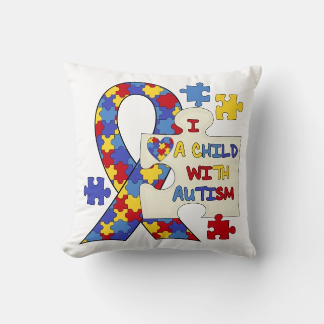 Cojín Decorativo Niño con la cinta de la conciencia del autismo (Anverso)
