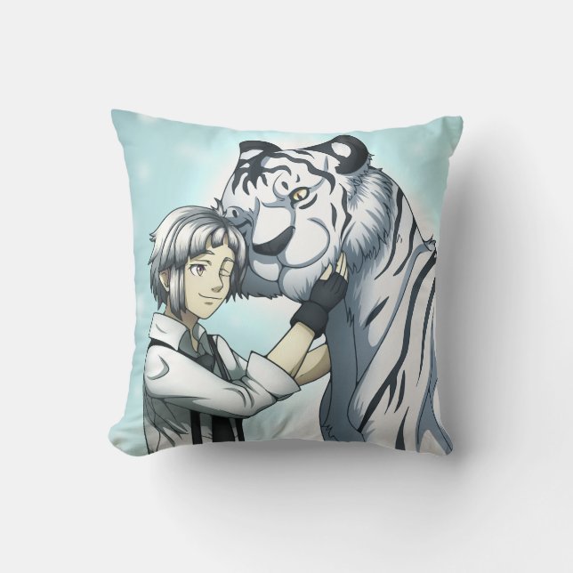 Cojín Decorativo Niño con tigre blanco (Anverso)