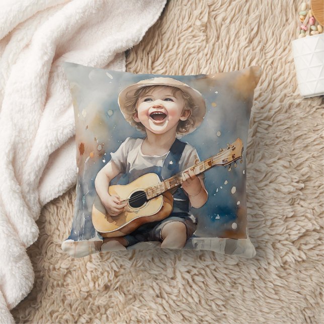 Cojín Decorativo Niño pequeño tocando guitarra cantando acuarela (Manta)