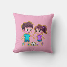 Niño y niña de dibujos animados lindos jugando fút