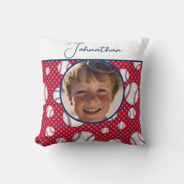 Cojín Decorativo Niños Béisbol Personalizado Azul Blanco Rojo Foto  (Anverso)
