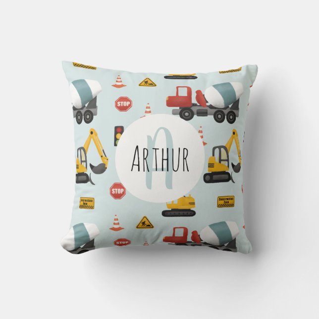Cojín Decorativo Niños Cute Azul Construcción Transporte y Nombre N (Anverso)
