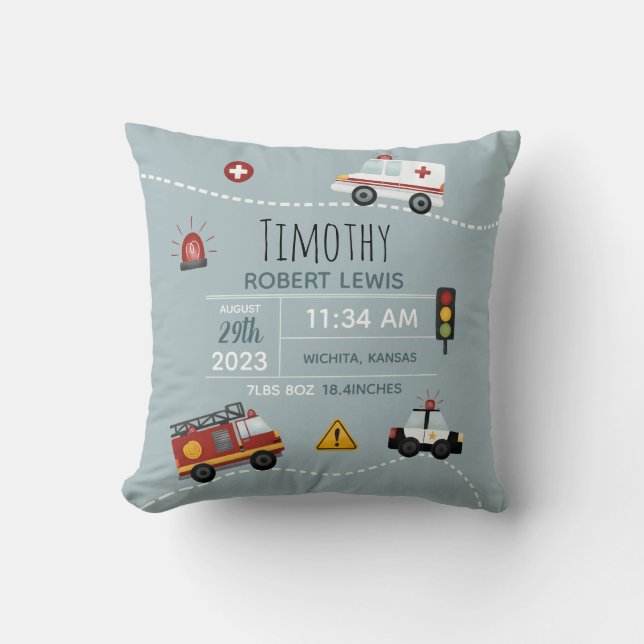 Cojín Decorativo Niños Cute Blue Transport Nace Stats & Name (Anverso)