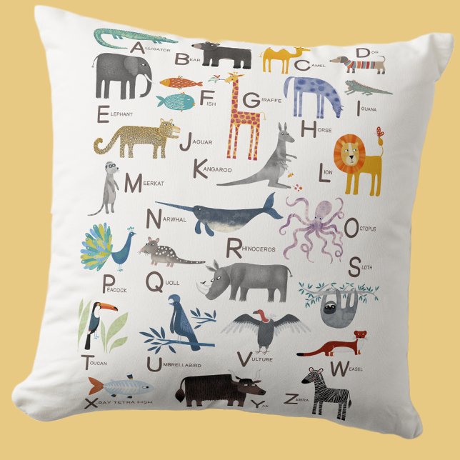 Cojín Decorativo Niños de alfabeto ABC de animal lindo (Cute animal ABC alphabet pillow for newborn, boy or girl gender neutral nursery or kids room decor)