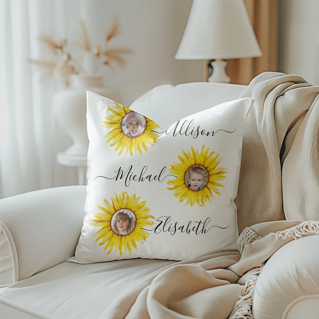 Cojín Decorativo Niños del girasol | Foto de los nietos (Add a touch of sunshine to your décor with this pillow featuring photos of your grandchildren.)