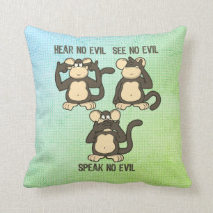 Cojín Decorativo No Oír A Monos Malvados Verde Azul Humorístico