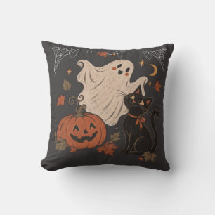 Cojín Decorativo Noche de Halloween vintage con calabaza y fantasma