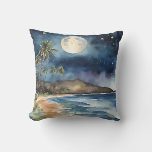Cojín Decorativo Noche de playa tropical Sky Moon Estrellas acuarel