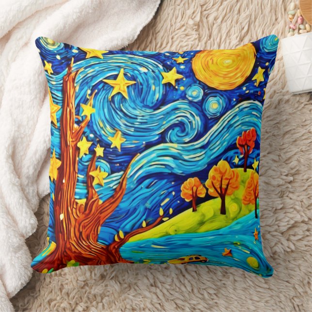 Cojín Decorativo Noche estrellada de dibujos animados: arte inspira (Manta)