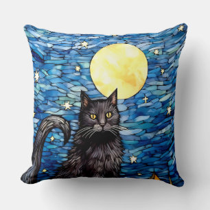 Cojín Decorativo Noche estrellada de gato negro de vidrio manchado