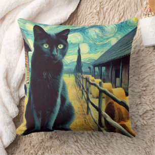 Cojín Decorativo Noche Estrellada Gato Negro Ojos Verdes