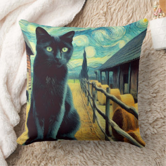 Cojín Decorativo Noche Estrellada Gato Negro Ojos Verdes