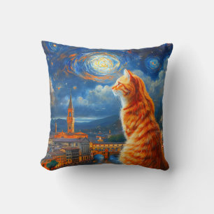 Cojín Decorativo Noche estrellada sobre Florencia Arte de gato ro