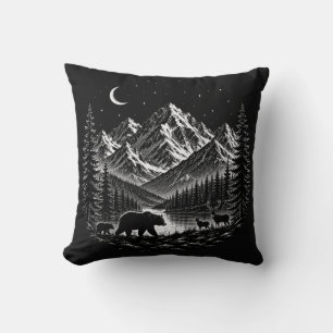 Cojín Decorativo Noche Salvaje de Montaña Mística Estilo Linocut