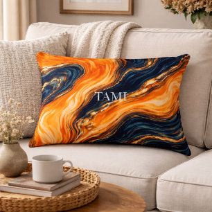 Cojín Decorativo Nombre Abstracto de Mármol Naranja y Azul Marino