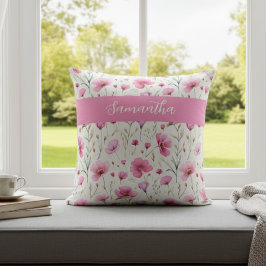 Cojín Decorativo Nombre de Acuarela de Flor Silvestre Rosa