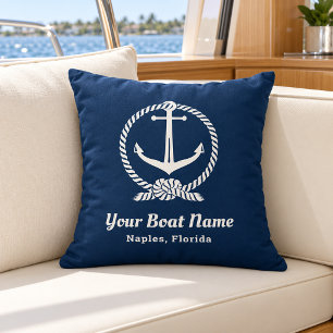 Cojín Decorativo Nombre de barco de cuerda de ancla azul de la mari