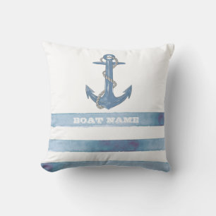 Cojín Decorativo Nombre de barco náutico,Ancla,Cuerda,Rayas azules 