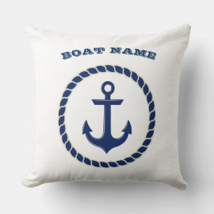 Cojín Decorativo Nombre de Barco Náutico, Cuerda, Ancla Azul Marino