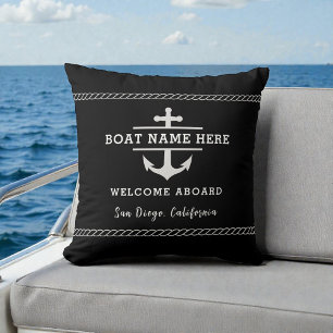 Cojín Decorativo Nombre de barco náutico negro Bienvenido a bordo A