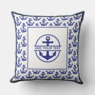 Cojín Decorativo Nombre de barco náutico patrón de ancla azul marin