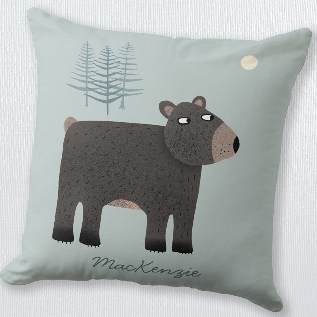 Cojín Decorativo Nombre de bosque de oso lindo (Personalized name bear with moon and trees throw pillow)
