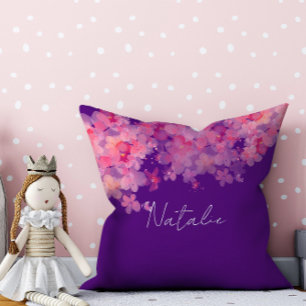 Cojín Decorativo Nombre de coral floral acuarela púrpura