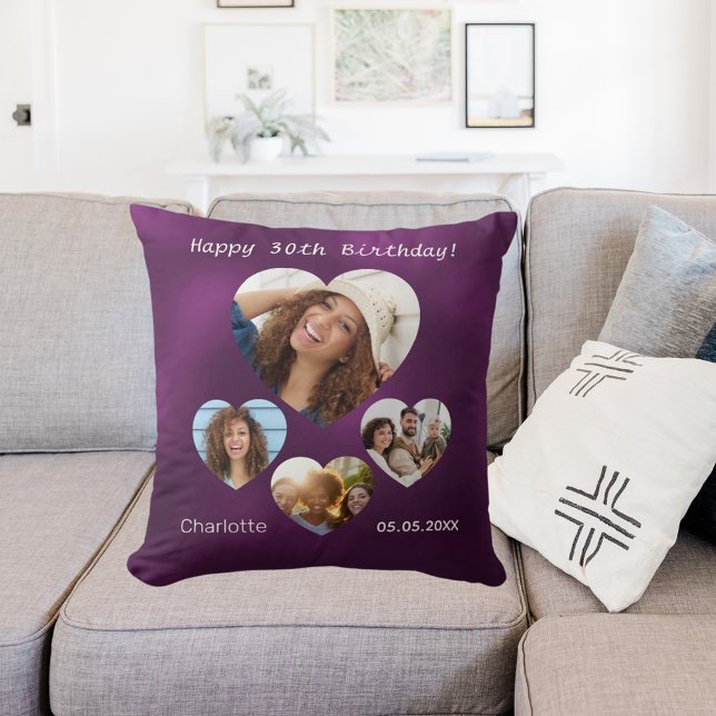 Cojín Decorativo Nombre de cumpleaños edad foto collage mujer púrpu (Subido por el creador)