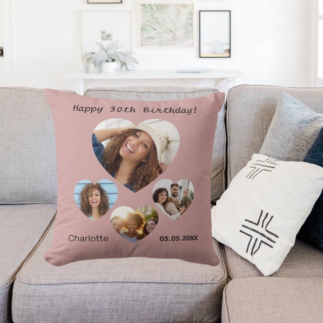 Cojín Decorativo Nombre de cumpleaños edad foto collage rosa polvor (Subido por el creador)