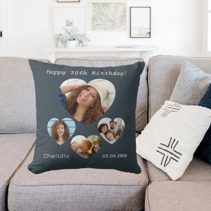 Cojín Decorativo Nombre de cumpleaños foto collage cardíaco carbón 