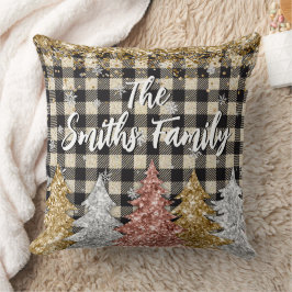 Cojín Decorativo Nombre de familia con cuadros de Navidad y brillo