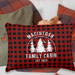 Cojín Decorativo Nombre de familia de la cabina Red Black Buffalo r<br><div class="desc">Crea una almohada personalizada de tiro con manto rústico rojo y negro de búfalo y una imagen de pinos boscosos en el bosque con tu texto personalizado en blanco (se muestra con NOMBRE FAMILIA CABIN y fecha establecida por año). Todo el texto es editable. Ideal para una cabaña familiar, un...</div>