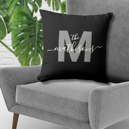 Cojín Decorativo Nombre de Familia Elegante Monograma Blanco Negro