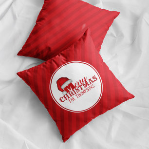 Cojín Decorativo Nombre de familia Feliz Navidad con rayas rojas
