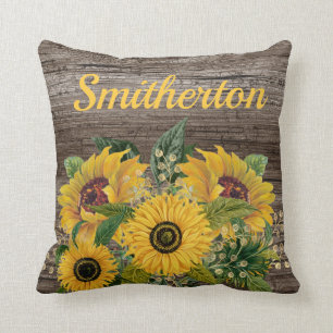 Cojín Decorativo Nombre de Familia Girasoles Amarillos Madera Rústi