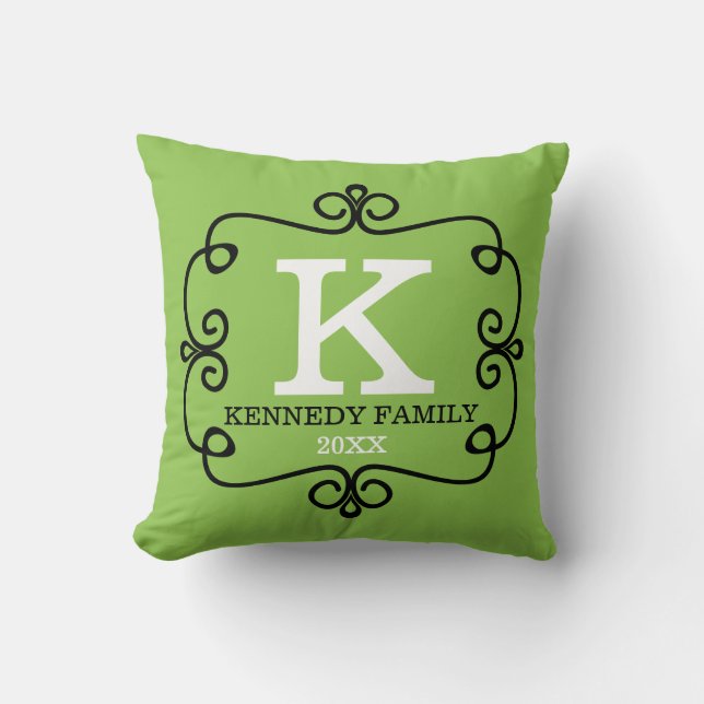 Cojín Decorativo Nombre de familia Monogramado Lime Green (Anverso)