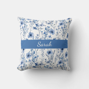 Cojín Decorativo Nombre de Flor Silvestre Acuarela Azul Personaliza